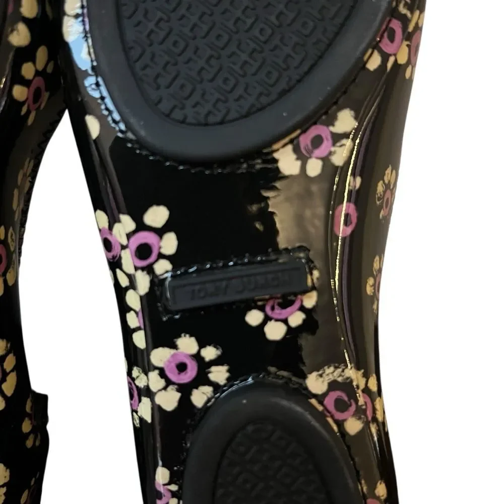 Tory Burch Minnie Travel Ballet Flats Black Patent Floral Print US 6.5